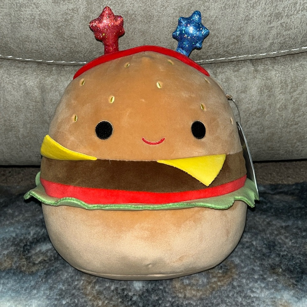 🍔 Squishmallows Carl the Cheeseburger 🍔 with Star 🇺🇸 Headband NWT 8”